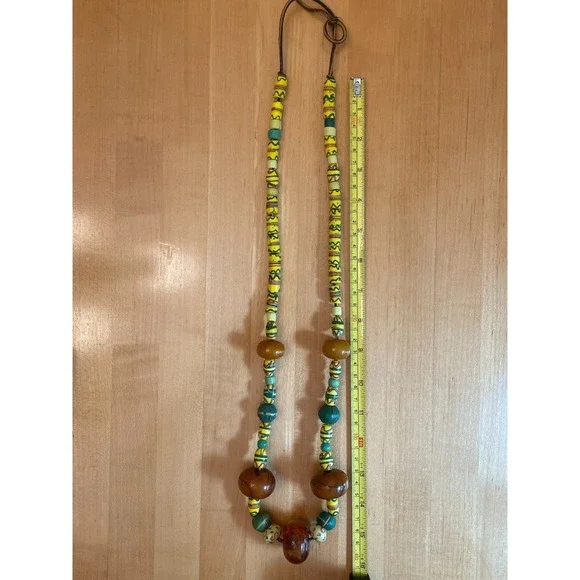 Vintage African Trade Bead Necklace Faux Amber Millefiori Glass Ethnic Bohemian - Picture 8 of 12